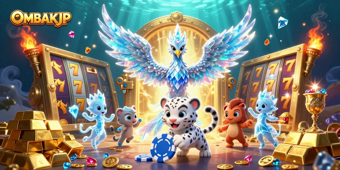 Play slots and win with OMBAKJP, featuring a vibrant scene of mythical characters and treasure