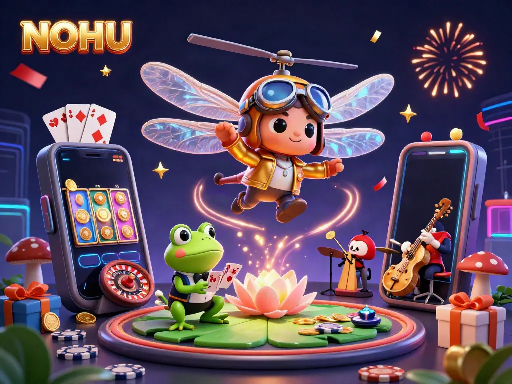 Engage with NOHU in a vibrant 3D casino scene featuring dynamic characters, lively gameplay, and exciting gambling elements.