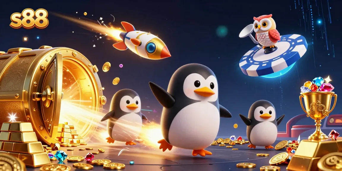 s88 casino illustration featuring a penguin in space, golden treasures, and vivid gaming elements.