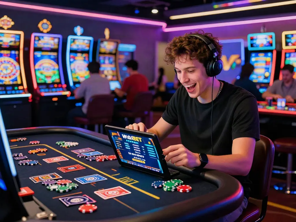 Excited player using Wolfbet bonus code at a vibrant crypto casino.