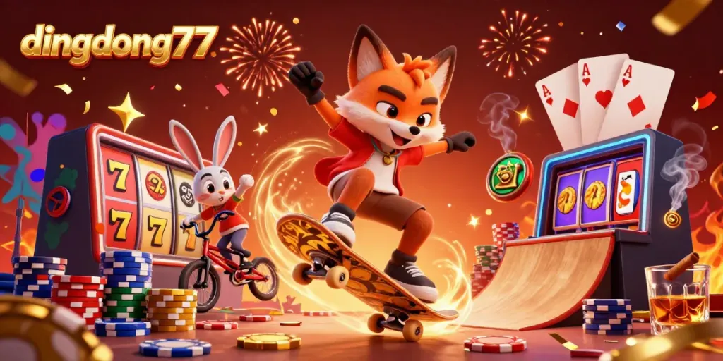 Dive into the excitement of dingdong77 with a vibrant 3D illustration of gaming characters and slot machines.