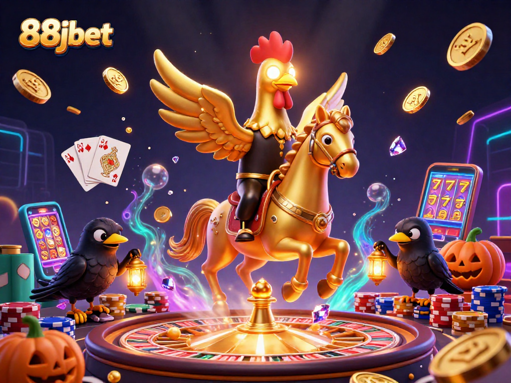 Experience the thrilling atmosphere of 88jbet with a dazzling casino scene featuring golden rooster and magical companions.