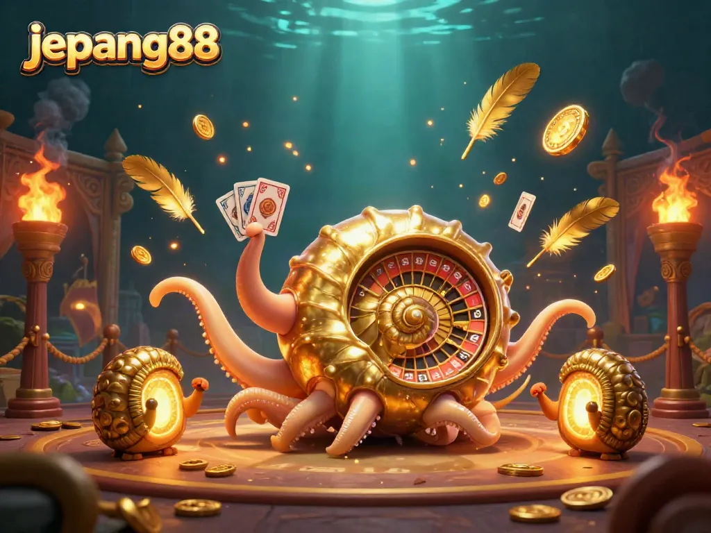 Engage with the vibrant world of Jepang88, showcasing thrilling casino elements like a roulette wheel and playing cards.