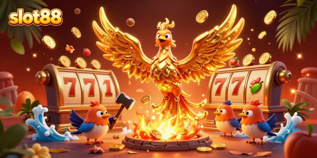 Gambarkan permainan slot88 dengan phoenix emas dan elemen grafis kasino lainnya yang menarik.