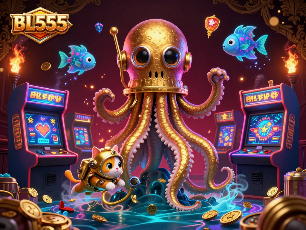 Engage with the captivating BL555 casino scene featuring a kraken, diving cat, and vibrant arcade elements.