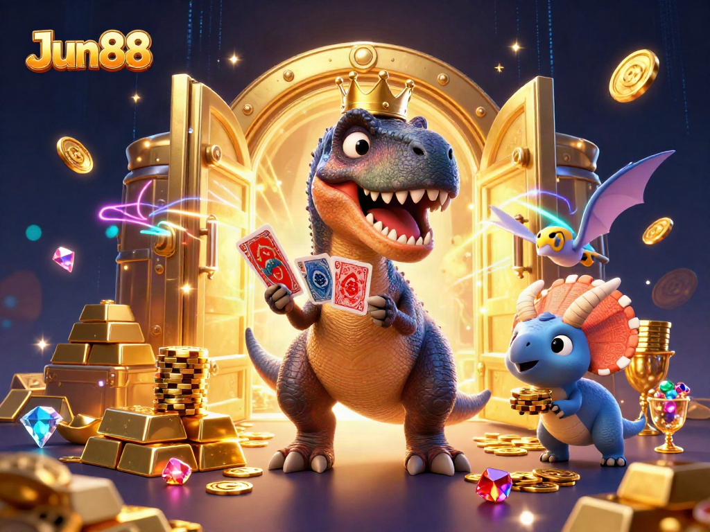 Experience the excitement of Jun88 with playful dinosaurs in a vibrant casino setting.