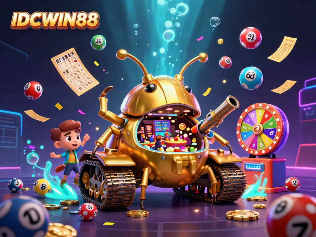 Experience thrilling gameplay at IDCWIN88 with a colorful casino scene and vibrant lottery elements.