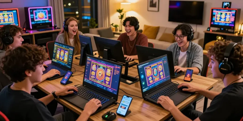 Friends enjoying slot gacor games on modern devices in a cozy living room.