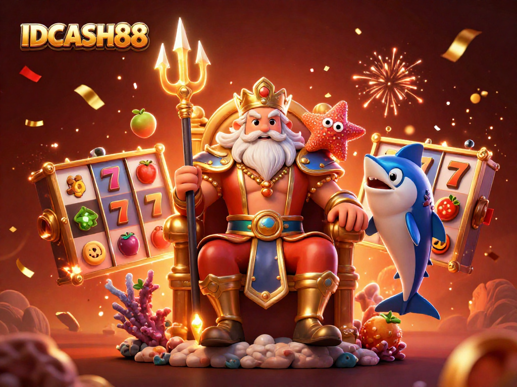 Engaging scene of IDCASH88 with sea king Neptune and samurai amidst lively slot elements.