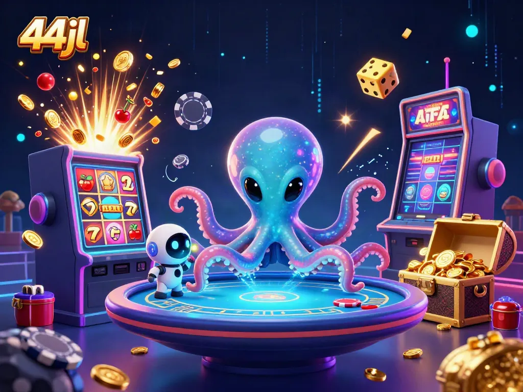 Experience the excitement of 44jl with a playful alien octopus at a vibrant holographic poker table.