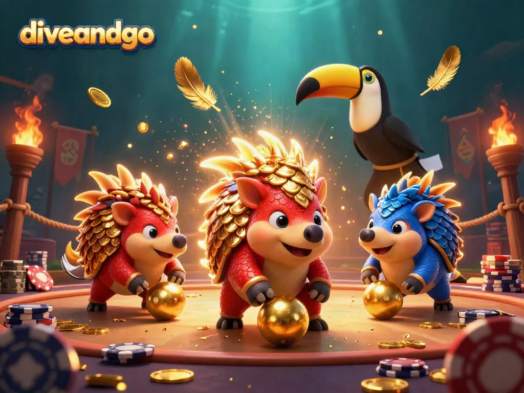 Diveandgo pangolins compete in a vibrant casino scene with golden chips and rich details.