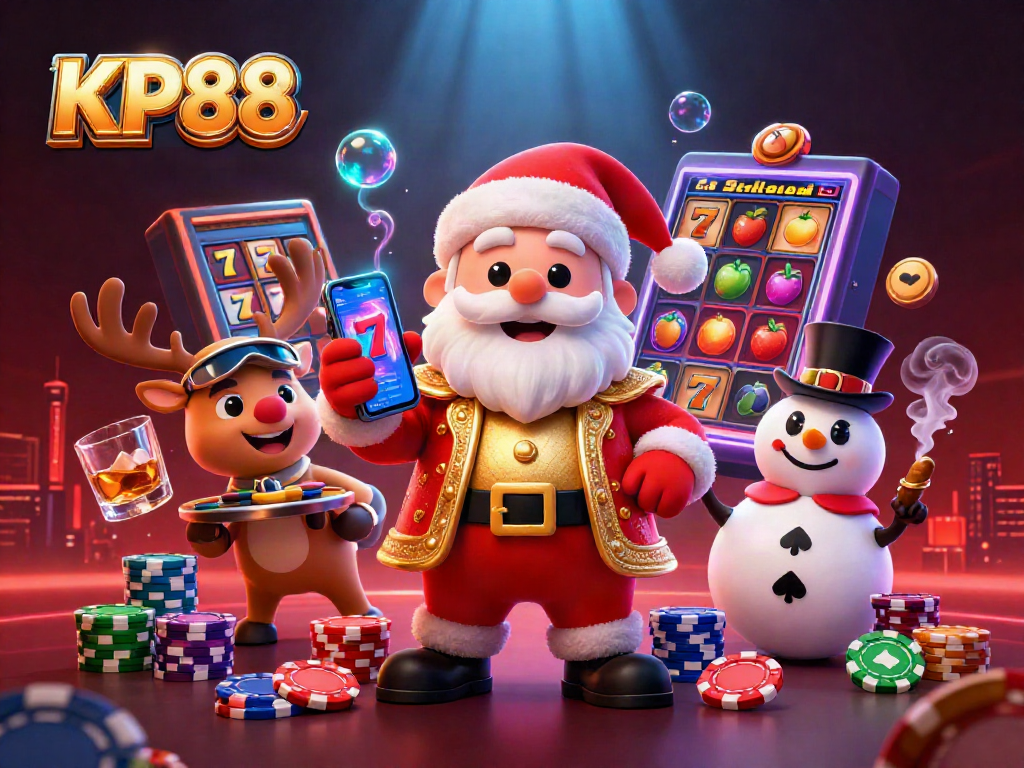 Play unforgettable slot games and win big with KP88's vibrant 3D casino illustration.