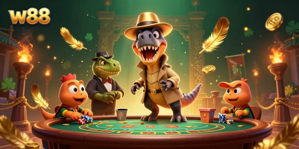 Experience thrilling gaming action with w88 in a vibrant, action-packed casino scene.