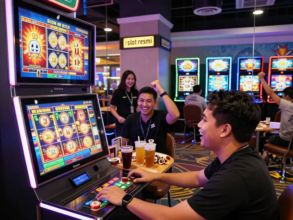 Exciting scene at a vibrant gaming lounge featuring slot resmi games, players celebrating wins, and colorful slot machine graphics.