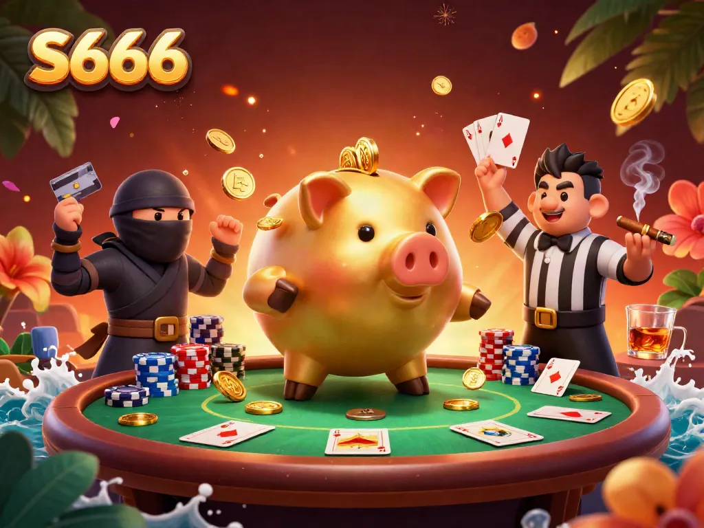 Experience thrilling wins at S666 with a vibrant 3D cartoon illustration of a sumo wrestler piggy bank amidst a poker scene.