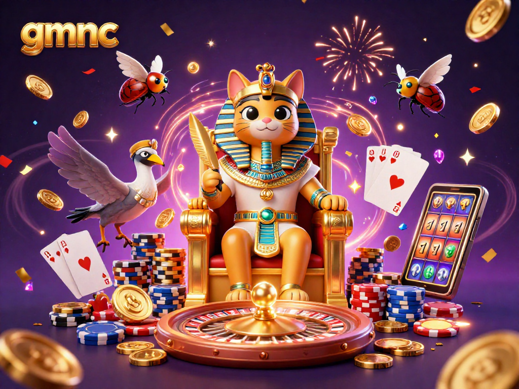Engage with gmnc's vibrant casino scene featuring a pharaoh cat and abundant symbols of fortune.