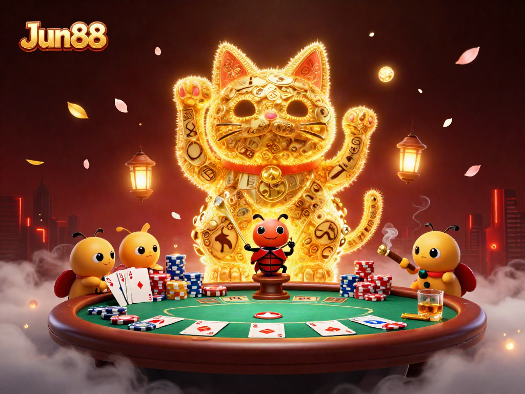 Experience the unique vibes of Jun88 with a lively poker scene showcasing a lucky cat surrounded by colorful casino symbols.