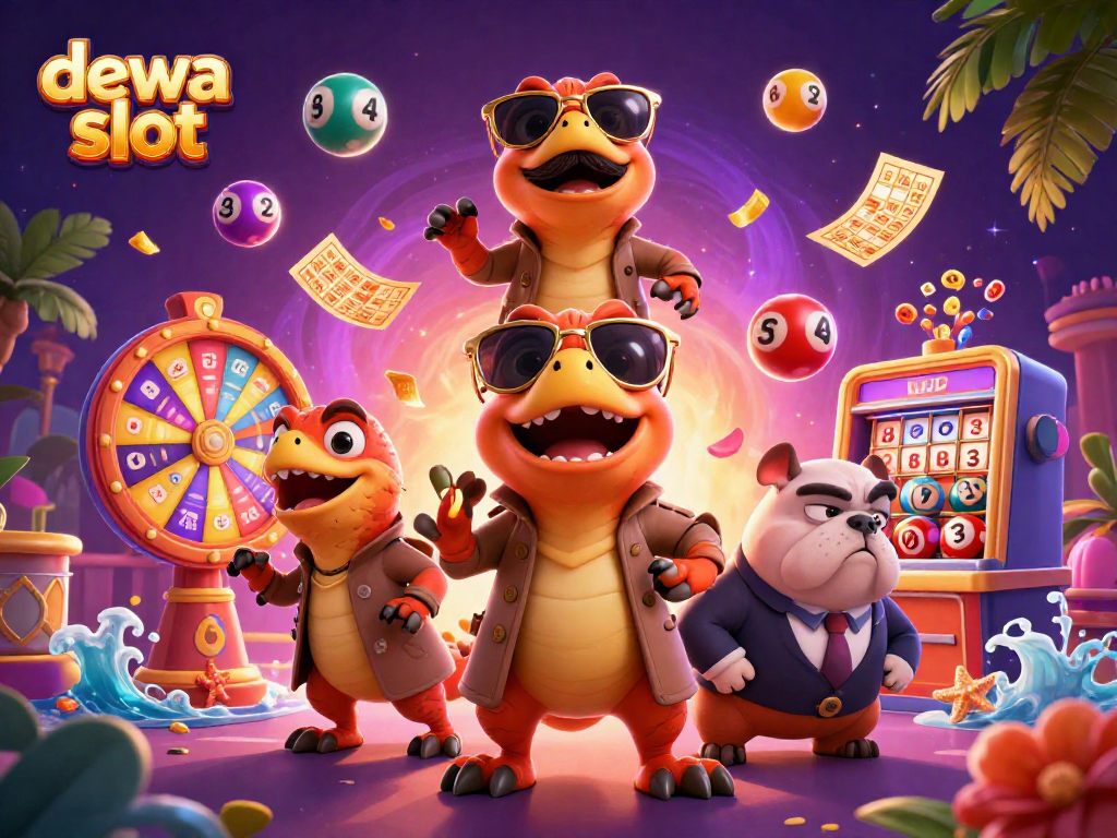 Menggali keseruan dewa slot dengan raptor lucu di kasino, bola lotre berwarna berhamburan.