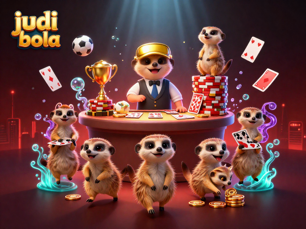 Bettors engaging with judi bola action in a dynamic meerkats casino illustration showcasing sports balls and trophies.