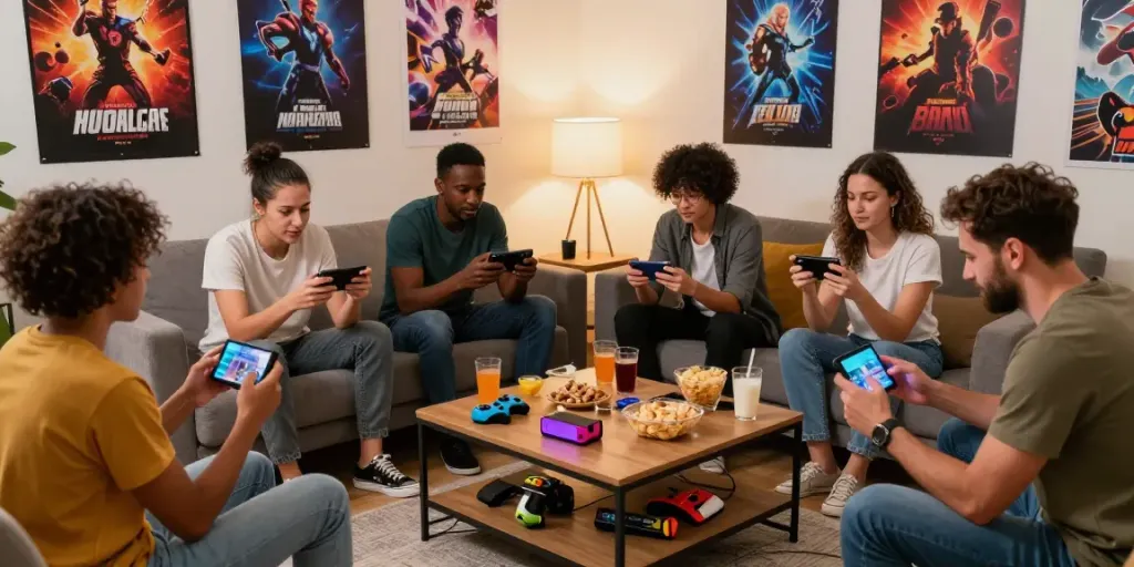 Engaging group of friends playing yono games together in a cozy living room.