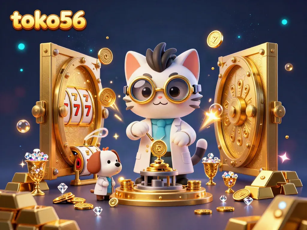 Permainan slot yang seru di toko56 dengan karakter kucing sains dan anjing lab, penuh harta karun emas.