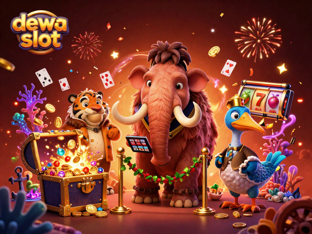 Experience dewa slot action with a vibrant casino scene featuring three dynamic characters and gold coins.
