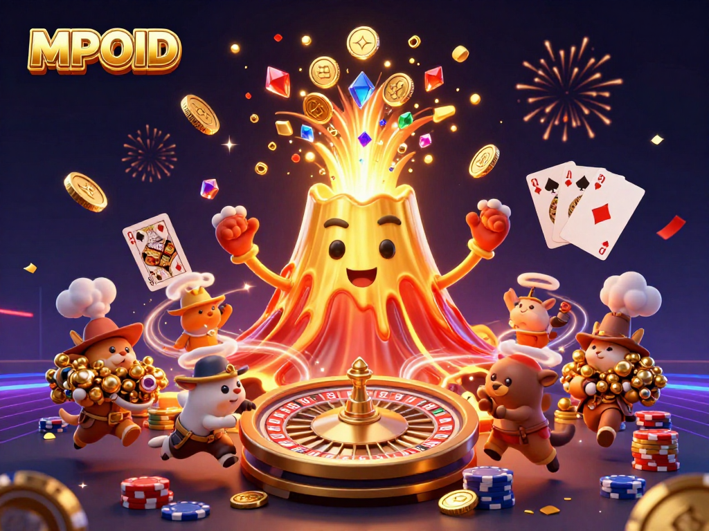 MPOID showcases a vibrant 3D casino scene of a golden volcano erupting, rich with treasure and captivating gameplay elements.