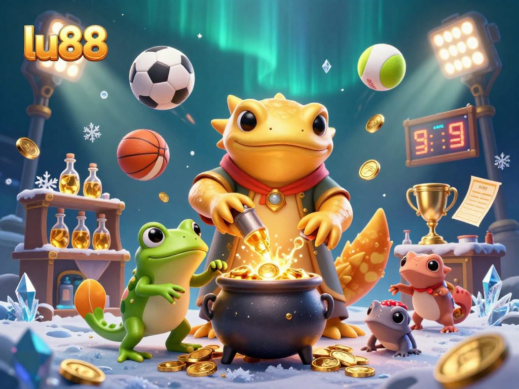 Experience the magic of lu88 with vibrant sports and casino elements in an enchanting 3D illustration.