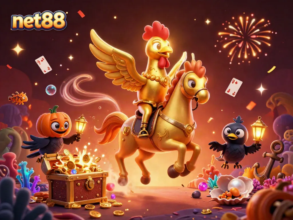 Experience thrilling gaming action with net88 at an exciting midnight casino featuring a golden rooster and crow companions.