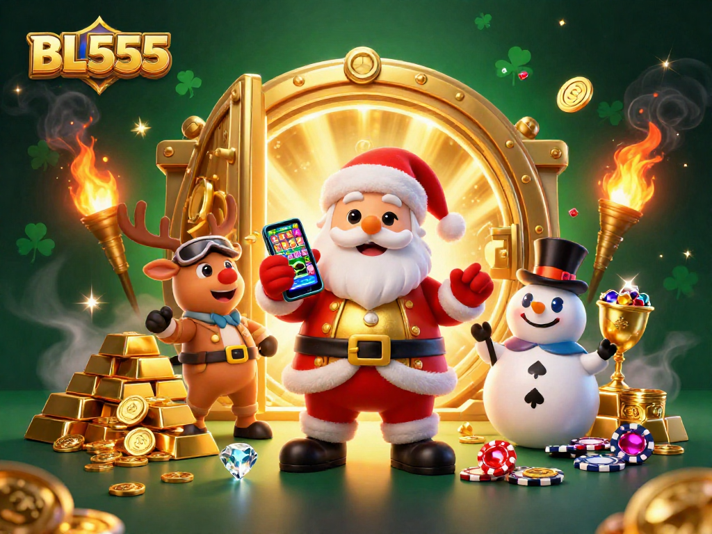 Experience the thrill of BL555 with festive characters in a dynamic casino setting.