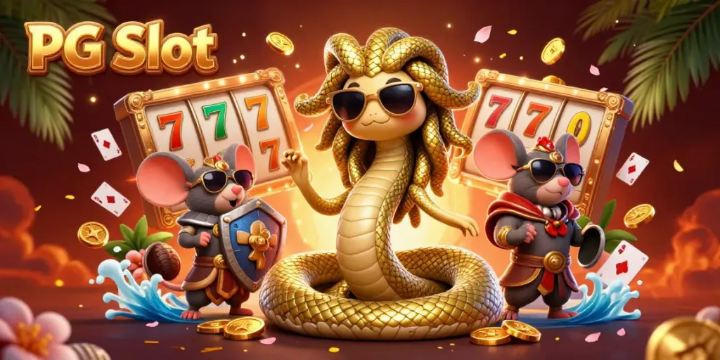 Pemain PG Slot yang ceria bersenang-senang di kasino dengan simbol keberuntungan yang mengelilinginya.