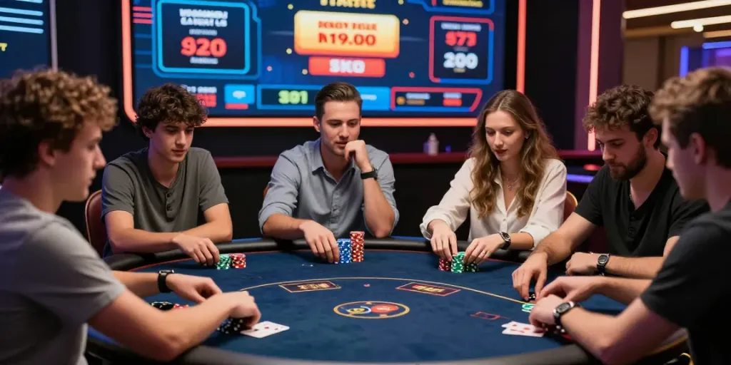 Players enjoying the Wolfbet Promotions Page at a virtual poker table, showcasing excitement and community.