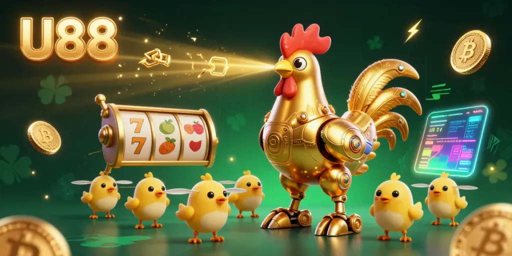 U88 casino features a golden rooster robot and baby chick drones among dynamic slots and cryptocurrency elements.