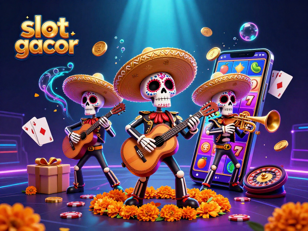 Gambaran slot gacor yang menyenangkan dengan mariachi dan elemen permainan kasino