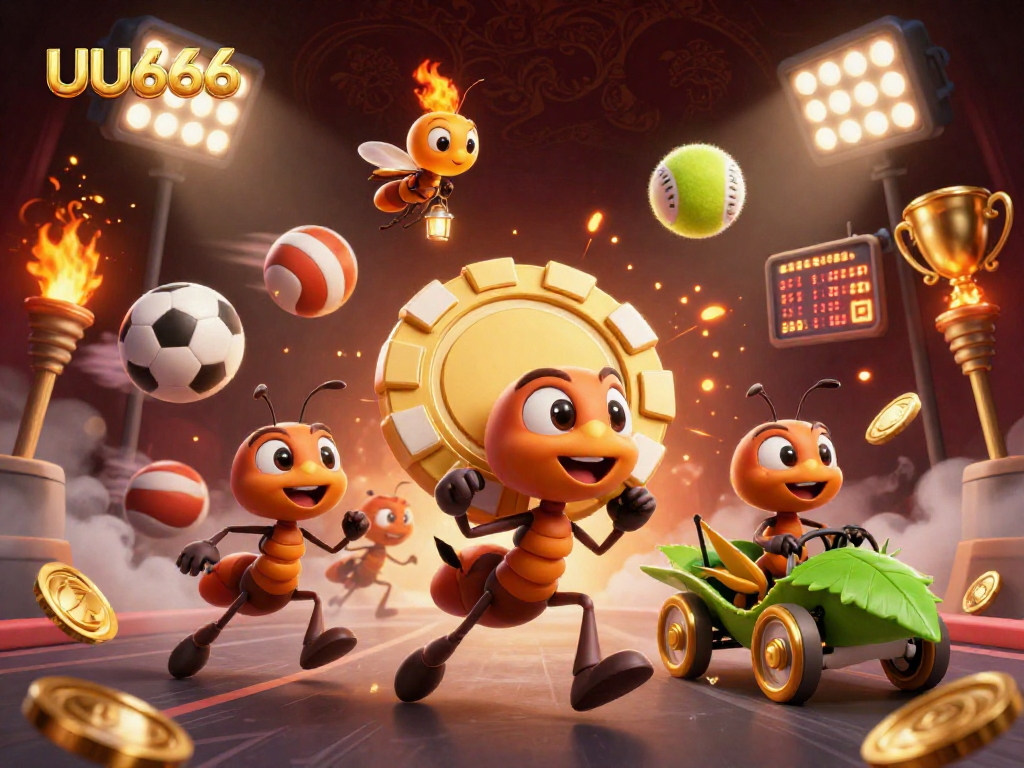 UU666 team of ants heist for a golden poker chip in a dynamic casino scene.