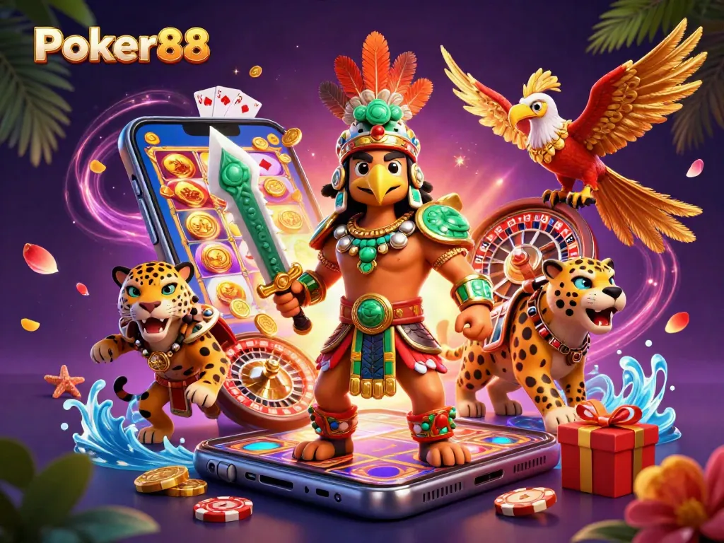 Experience the thrill of Poker88 with a vibrant 3D casino scene featuring dynamic characters and games.