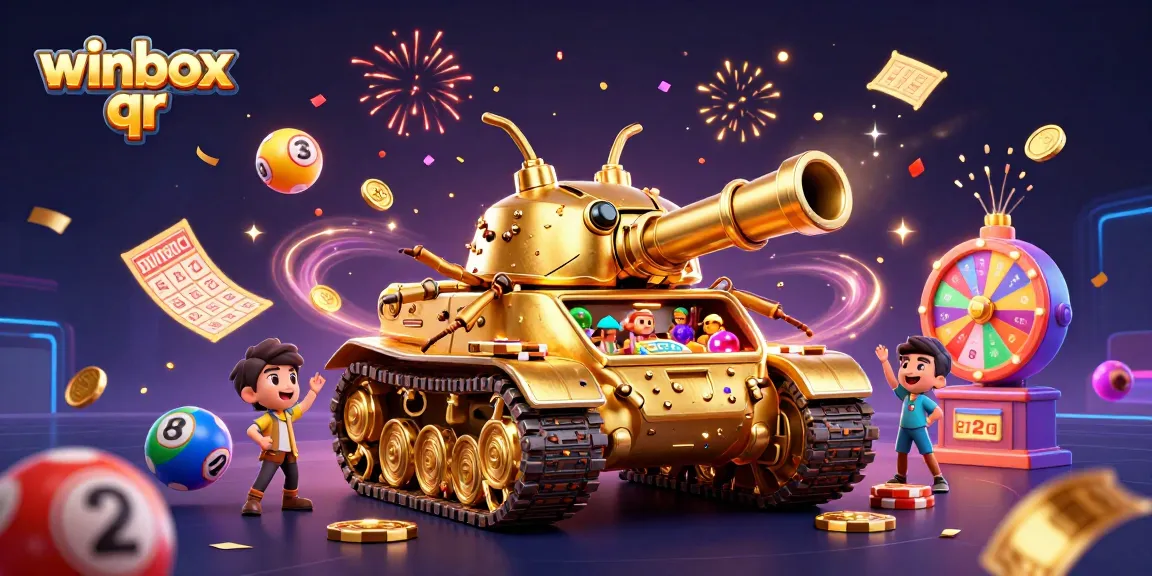 Winbox QR capturing excitement with a golden beetle tank mini-casino and lottery elements.