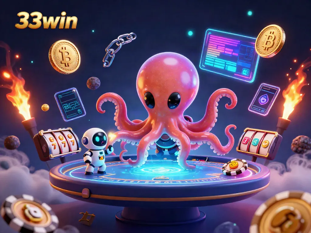 Experience exciting gameplay with 33win's vibrant alien octopus and crypto gaming elements.