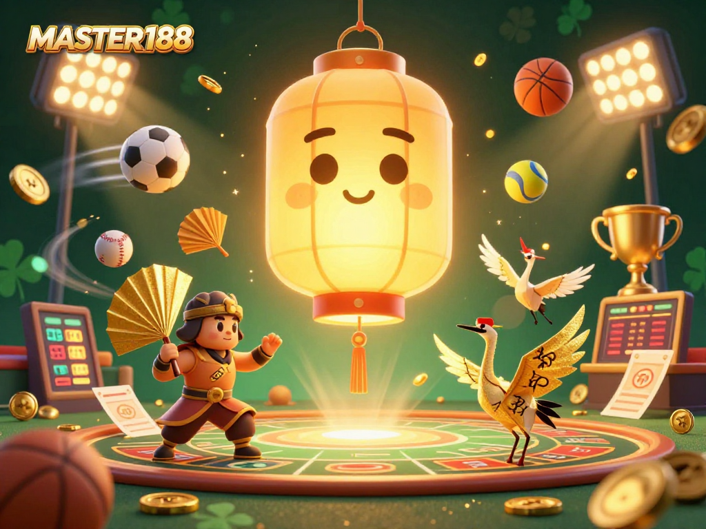 Experience the excitement of MASTER188 sports betting with vibrant characters and dynamic elements in a stunning casino scene.