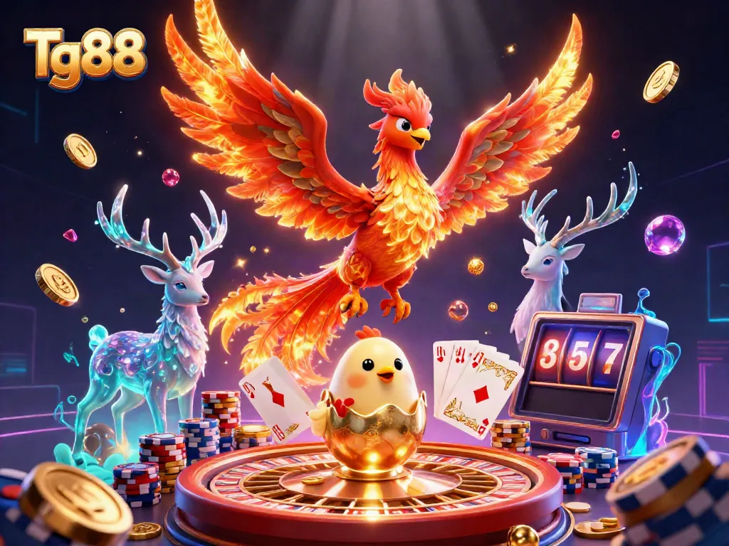 Experience thrilling gameplay with Tg88 as a fire phoenix rises amidst dazzling casino elements.