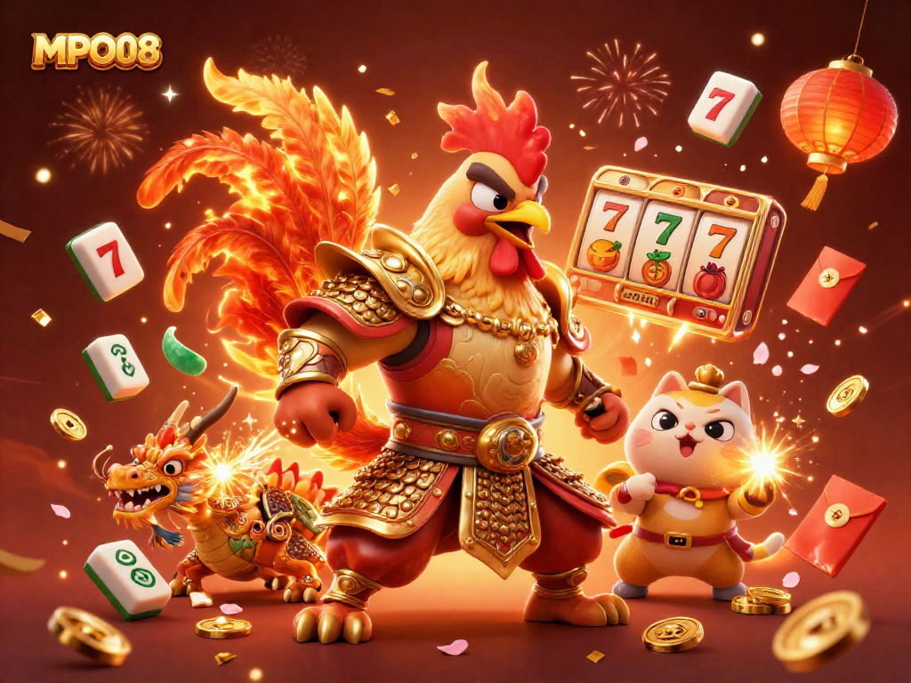 MPO08 showcases a powerful fighting rooster warrior, dragon hatchling, and fortune cat amid casino-themed elements.