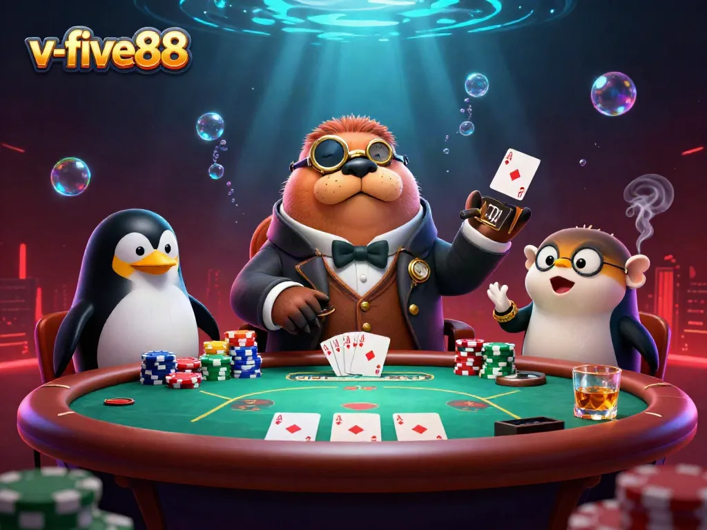 Experience thrilling poker action at v-five88 with colorful chips and unique underwater characters.
