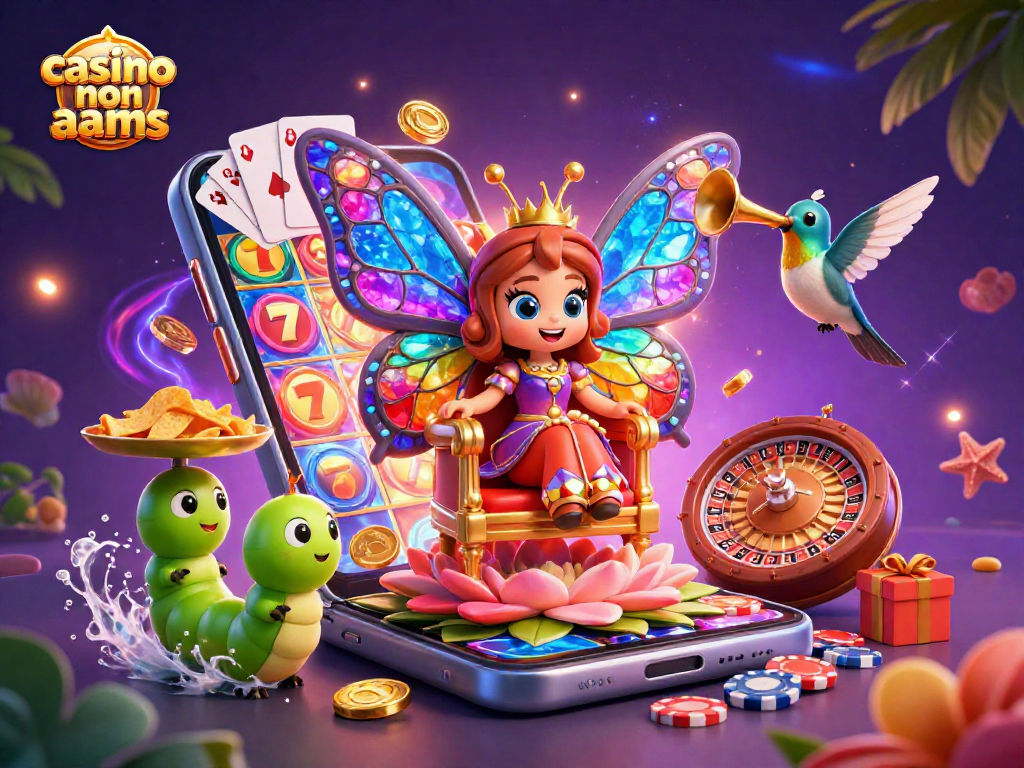 Genera vincite nei casinò non AAMS con una regina delle farfalle tra giochi e chip scintillanti.