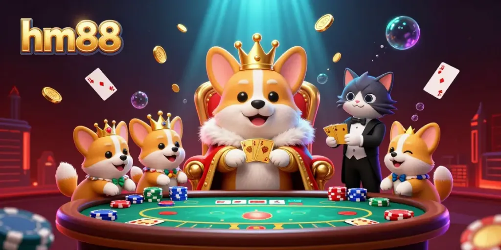 Experience excitement at hm88 with a royal corgi on a poker chip throne amidst flying cards and vibrant casino elements.