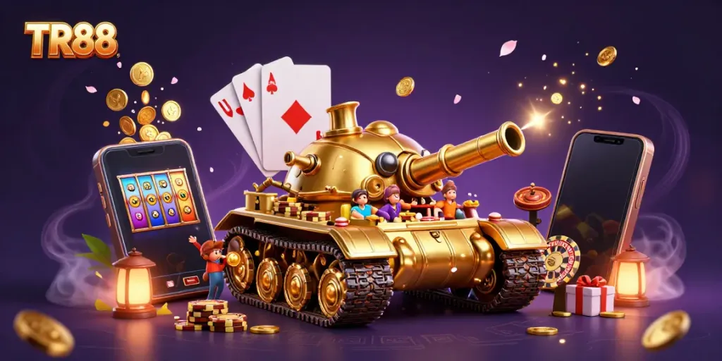Engage in thrilling gameplay with TR88's fun casino-themed illustration featuring golden beetle tank and gaming elements.