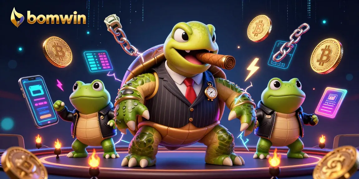 Engage with the bomwin casino scene featuring a mobster turtle, crypto elements, and vibrant lighting.