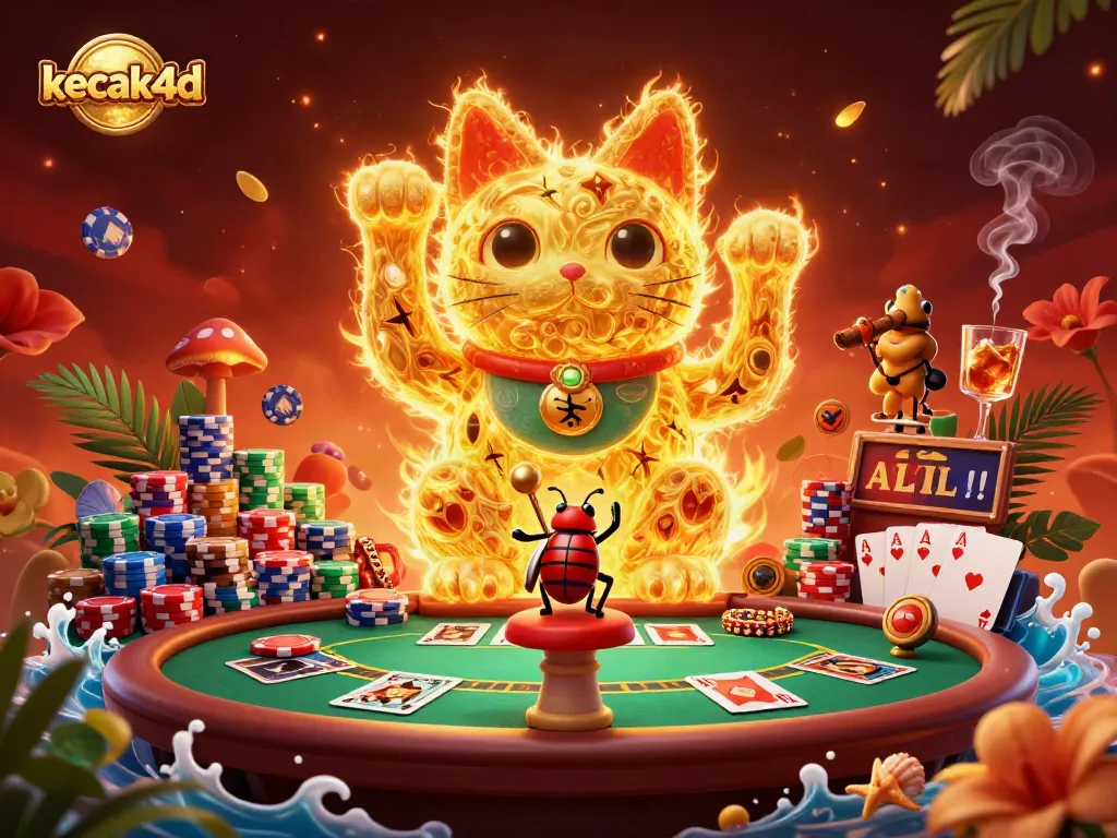 Experience the excitement of kecak4d with a vibrant scene featuring a lucky cat, poker chips, and glowing casino symbols.