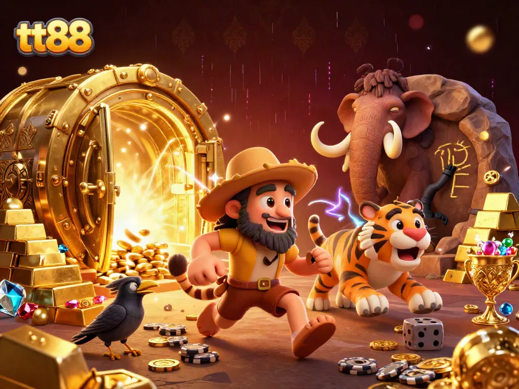 Experience thrilling gaming at tt88 with energetic cavemen and a sabertooth tiger amidst dazzling casino riches.