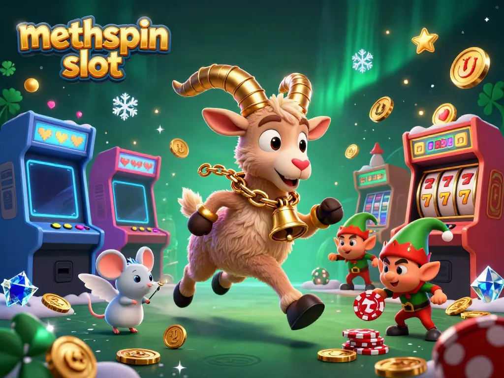 Engage in the festive thrill of the methspin slot with vibrant 3D characters in a lively casino environment.