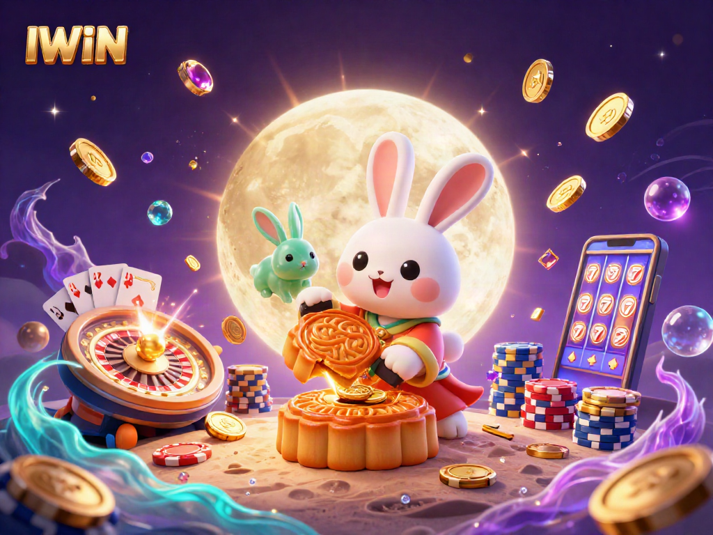 Experience the thrill of gaming with IWIN as the moon rabbit reveals poker chips in a vibrant casino scene.